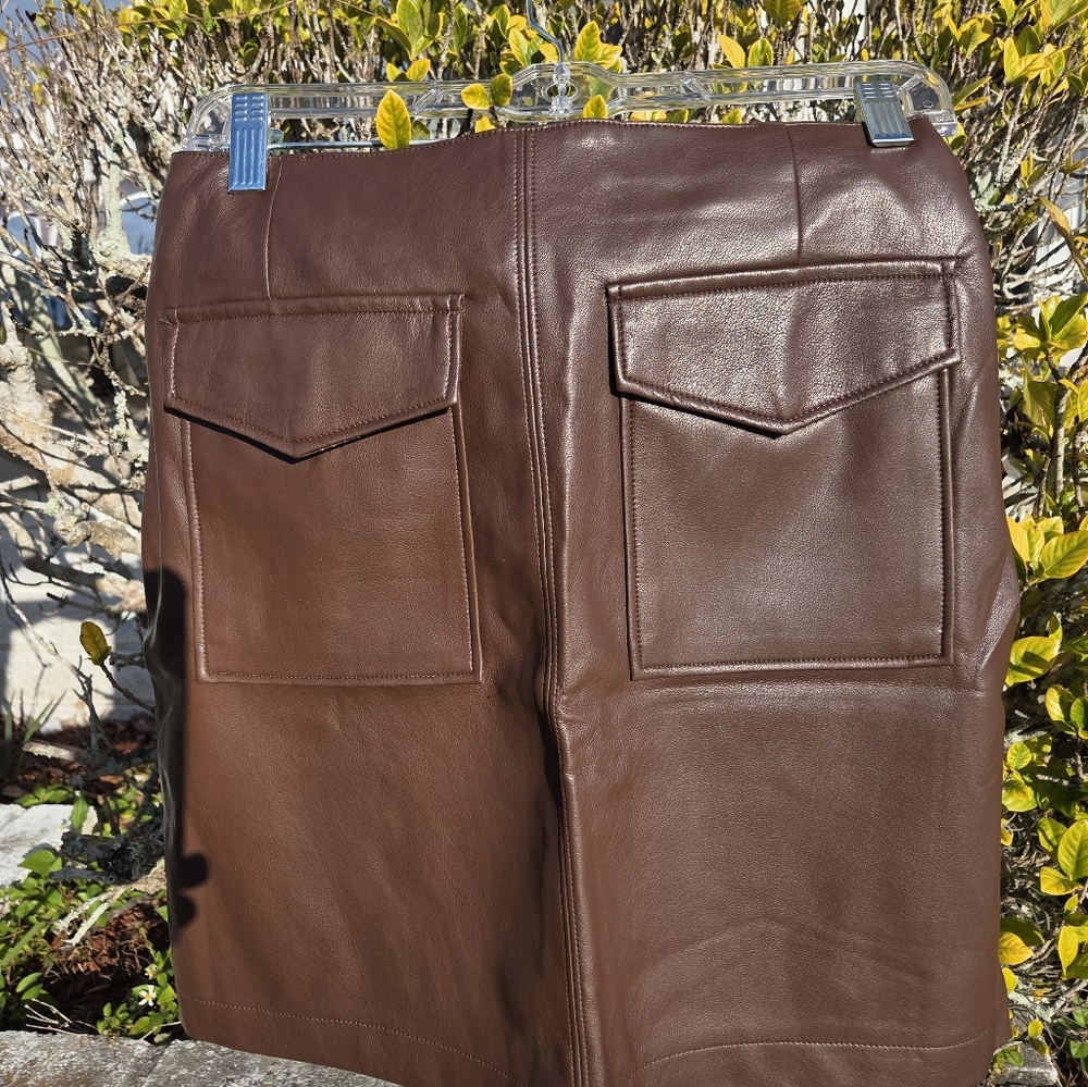 Brown Faux Leather Skirt with Pockets